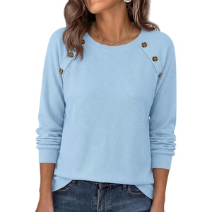 image:imagePRETTYGARDEN Fall Long Sleeve Waffle Knit Shirts for Women  Soft Stretchy Tops Casual Crew Neck Raglan Sleeves with Deco Buttons Loose Fit Tunics Comfy Clothes for Work WearLight Blue
