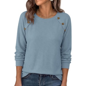 image:imagePRETTYGARDEN Fall Long Sleeve Waffle Knit Shirts for Women  Soft Stretchy Tops Casual Crew Neck Raglan Sleeves with Deco Buttons Loose Fit Tunics Comfy Clothes for Work WearDusty Blue