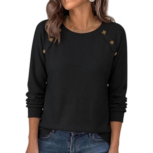 image:imagePRETTYGARDEN Fall Long Sleeve Waffle Knit Shirts for Women  Soft Stretchy Tops Casual Crew Neck Raglan Sleeves with Deco Buttons Loose Fit Tunics Comfy Clothes for Work WearBlack