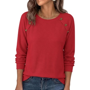 image:imagePRETTYGARDEN Fall Long Sleeve Waffle Knit Shirts for Women  Soft Stretchy Tops Casual Crew Neck Raglan Sleeves with Deco Buttons Loose Fit Tunics Comfy Clothes for Work WearRed