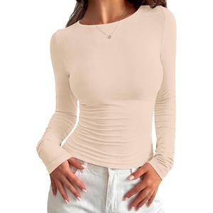 image:imagePRETTYGARDEN Long Sleeve Shirts for Women 2026 Fall Casual Crewneck Tight Slim Fit Layering Basic T Shirt Going Out TopsBeige