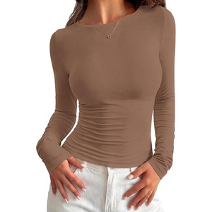 image:imagePRETTYGARDEN Long Sleeve Shirts for Women 2026 Fall Casual Crewneck Tight Slim Fit Layering Basic T Shirt Going Out TopsBrown