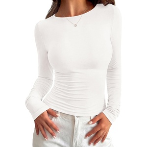 image:imagePRETTYGARDEN Long Sleeve Shirts for Women 2026 Fall Casual Crewneck Tight Slim Fit Layering Basic T Shirt Going Out TopsWhite