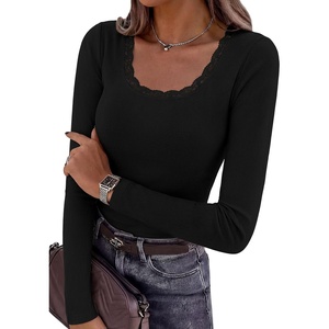 image:imagePRETTYGARDEN Long Sleeve T Shirts for Women Tops Casual  Stretchy Ribbed Knit Lace Trim Square Neck Slim Fit Tees Fall Winter Fashion Layering Clothes for Going Out amp Date NightBlack