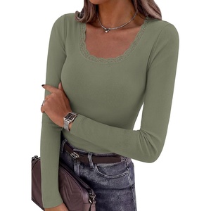 image:imagePRETTYGARDEN Long Sleeve T Shirts for Women Tops Casual  Stretchy Ribbed Knit Lace Trim Square Neck Slim Fit Tees Fall Winter Fashion Layering Clothes for Going Out amp Date NightArmy Green