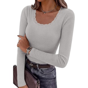 image:imagePRETTYGARDEN Long Sleeve T Shirts for Women Tops Casual  Stretchy Ribbed Knit Lace Trim Square Neck Slim Fit Tees Fall Winter Fashion Layering Clothes for Going Out amp Date NightGrey