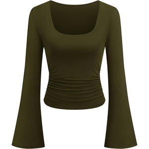 image:imagePRETTYGARDEN Womens Bell Long Sleeve Shirts Going Out Tops  Soft Stretchy Ribbed Knit Square Neck Slim Fit Y2K Clothes Trendy Side Ruched Layering Tee for Casual Fall amp Winter WearArmy Green