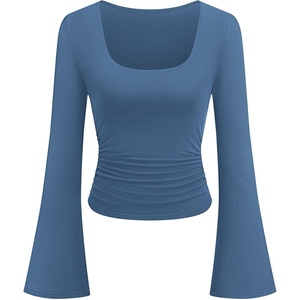 image:imagePRETTYGARDEN Womens Bell Long Sleeve Shirts Going Out Tops  Soft Stretchy Ribbed Knit Square Neck Slim Fit Y2K Clothes Trendy Side Ruched Layering Tee for Casual Fall amp Winter WearDusty Blue