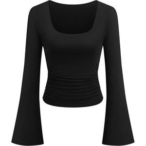 image:imagePRETTYGARDEN Womens Bell Long Sleeve Shirts Going Out Tops  Soft Stretchy Ribbed Knit Square Neck Slim Fit Y2K Clothes Trendy Side Ruched Layering Tee for Casual Fall amp Winter WearBlack