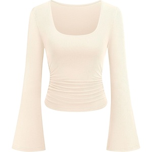 image:imagePRETTYGARDEN Womens Bell Long Sleeve Shirts Going Out Tops  Soft Stretchy Ribbed Knit Square Neck Slim Fit Y2K Clothes Trendy Side Ruched Layering Tee for Casual Fall amp Winter WearBeige
