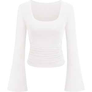image:imagePRETTYGARDEN Womens Bell Long Sleeve Shirts Going Out Tops  Soft Stretchy Ribbed Knit Square Neck Slim Fit Y2K Clothes Trendy Side Ruched Layering Tee for Casual Fall amp Winter WearWhite