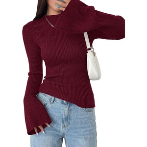 image:imagePRETTYGARDEN Womens Lightweight Mock Neck Sweaters  Bell Long Sleeve Tops Slim Fitted Pullover Soft Ribbed Knit Going Out Outfits Fall Winter Layering Fashion ClothingBurgundy