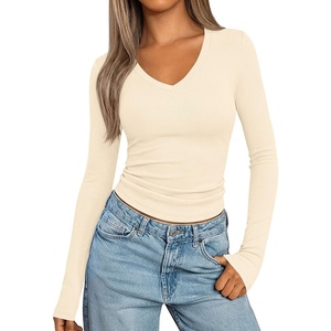 image:imagePRETTYGARDEN Womens Long Sleeve Ribbed V Neck Knit Shirts  Soft Ribbed Knit Fabric Flattering Fitted Silhouette Lightweight Basic Tee Y2K Going Out Top Fall Winter Layering OutfitsBeige