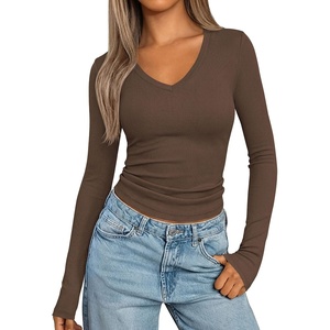 image:imagePRETTYGARDEN Womens Long Sleeve Ribbed V Neck Knit Shirts  Soft Ribbed Knit Fabric Flattering Fitted Silhouette Lightweight Basic Tee Y2K Going Out Top Fall Winter Layering OutfitsCoffee