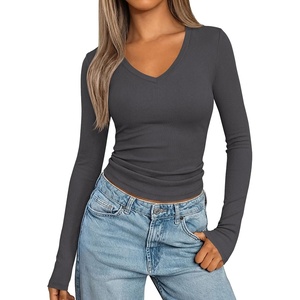 image:imagePRETTYGARDEN Womens Long Sleeve Ribbed V Neck Knit Shirts  Soft Ribbed Knit Fabric Flattering Fitted Silhouette Lightweight Basic Tee Y2K Going Out Top Fall Winter Layering OutfitsDark Grey