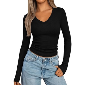 image:imagePRETTYGARDEN Womens Long Sleeve Ribbed V Neck Knit Shirts  Soft Ribbed Knit Fabric Flattering Fitted Silhouette Lightweight Basic Tee Y2K Going Out Top Fall Winter Layering OutfitsBlack