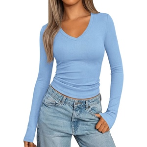 image:imagePRETTYGARDEN Womens Long Sleeve Ribbed V Neck Knit Shirts  Soft Ribbed Knit Fabric Flattering Fitted Silhouette Lightweight Basic Tee Y2K Going Out Top Fall Winter Layering OutfitsLight Blue