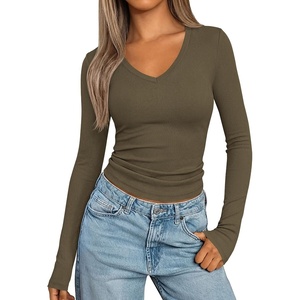 image:imagePRETTYGARDEN Womens Long Sleeve Ribbed V Neck Knit Shirts  Soft Ribbed Knit Fabric Flattering Fitted Silhouette Lightweight Basic Tee Y2K Going Out Top Fall Winter Layering OutfitsArmy Green