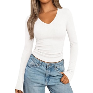 image:imagePRETTYGARDEN Womens Long Sleeve Ribbed V Neck Knit Shirts  Soft Ribbed Knit Fabric Flattering Fitted Silhouette Lightweight Basic Tee Y2K Going Out Top Fall Winter Layering OutfitsWhite
