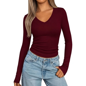 image:imagePRETTYGARDEN Womens Long Sleeve Ribbed V Neck Knit Shirts  Soft Ribbed Knit Fabric Flattering Fitted Silhouette Lightweight Basic Tee Y2K Going Out Top Fall Winter Layering OutfitsWine Red