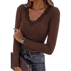 image:imagePRETTYGARDEN Womens Long Sleeve V Neck Fitted Shirts  Going Out Tops Basic Tees Lace Trim Neckline Soft Stretchy Ribbed Knit Y2K Fall Outfits Layering Winter ClothingBrown