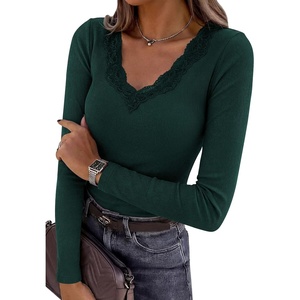 image:imagePRETTYGARDEN Womens Long Sleeve V Neck Fitted Shirts  Going Out Tops Basic Tees Lace Trim Neckline Soft Stretchy Ribbed Knit Y2K Fall Outfits Layering Winter ClothingDark Green
