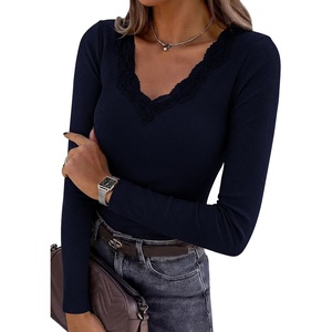 image:imagePRETTYGARDEN Womens Long Sleeve V Neck Fitted Shirts  Going Out Tops Basic Tees Lace Trim Neckline Soft Stretchy Ribbed Knit Y2K Fall Outfits Layering Winter ClothingNavy Blue