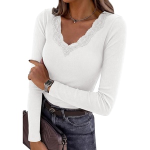 image:imagePRETTYGARDEN Womens Long Sleeve V Neck Fitted Shirts  Going Out Tops Basic Tees Lace Trim Neckline Soft Stretchy Ribbed Knit Y2K Fall Outfits Layering Winter ClothingWhite