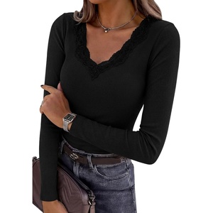 image:imagePRETTYGARDEN Womens Long Sleeve V Neck Fitted Shirts  Going Out Tops Basic Tees Lace Trim Neckline Soft Stretchy Ribbed Knit Y2K Fall Outfits Layering Winter ClothingBlack