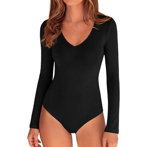 image:imagePRETTYGARDEN Womens V Neck Long Sleeve Bodysuits Tops  Slim Fitted Body Suits Soft Stretchy Basic Tees Shirts Casual Wear Fall Going Out Outfits Winter Layering ClothingBlack