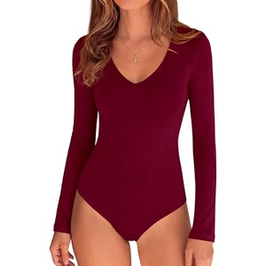 image:imagePRETTYGARDEN Womens V Neck Long Sleeve Bodysuits Tops  Slim Fitted Body Suits Soft Stretchy Basic Tees Shirts Casual Wear Fall Going Out Outfits Winter Layering ClothingBurgundy