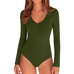 image:imagePRETTYGARDEN Womens V Neck Long Sleeve Bodysuits Tops  Slim Fitted Body Suits Soft Stretchy Basic Tees Shirts Casual Wear Fall Going Out Outfits Winter Layering ClothingArmy Green