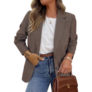image:imagePRETTYGARDEN Fall Blazers for Women Business Casual  Long Sleeve Plaid Houndstooth Notch Lapel Pockets Oversized Blazer Outerwear Trendy Suit Jackets 2026 Winter Work OutfitsPlaid Brown