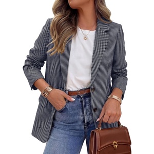 image:imagePRETTYGARDEN Fall Blazers for Women Business Casual  Long Sleeve Plaid Houndstooth Notch Lapel Pockets Oversized Blazer Outerwear Trendy Suit Jackets 2026 Winter Work OutfitsPlaid Navy Blue