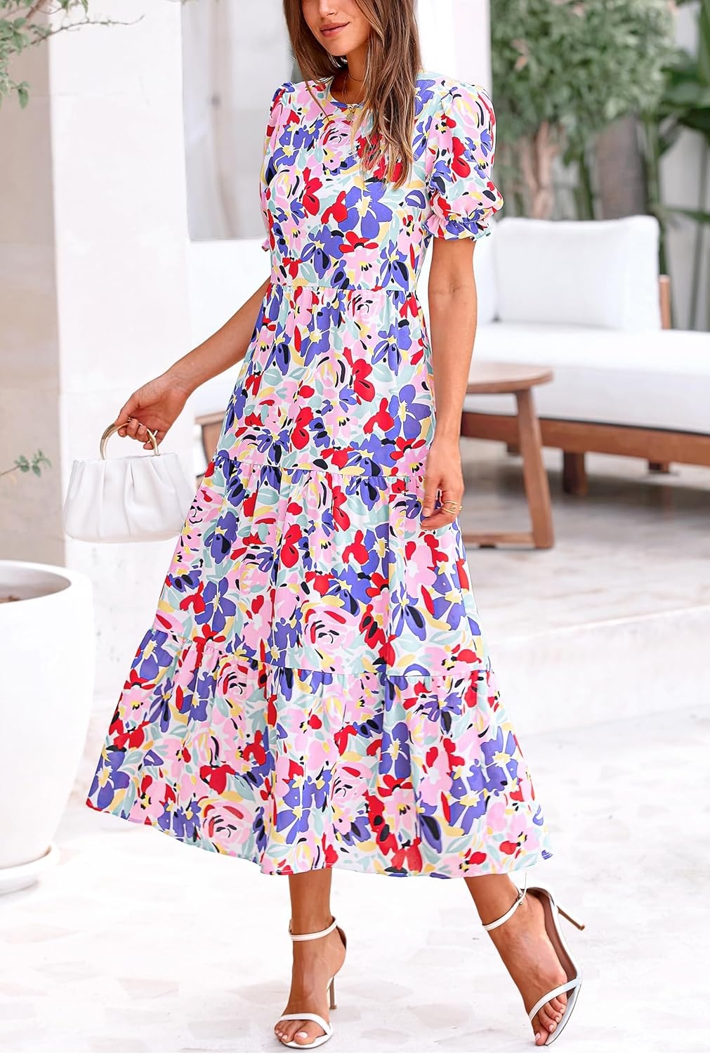 image:imagePRETTYGARDEN Summer Dresses for Women 2026 Casual Floral Boho Midi Sun Dress Puff Short Sleeve Flowy Beach Vacation SundressPrint Multicolored