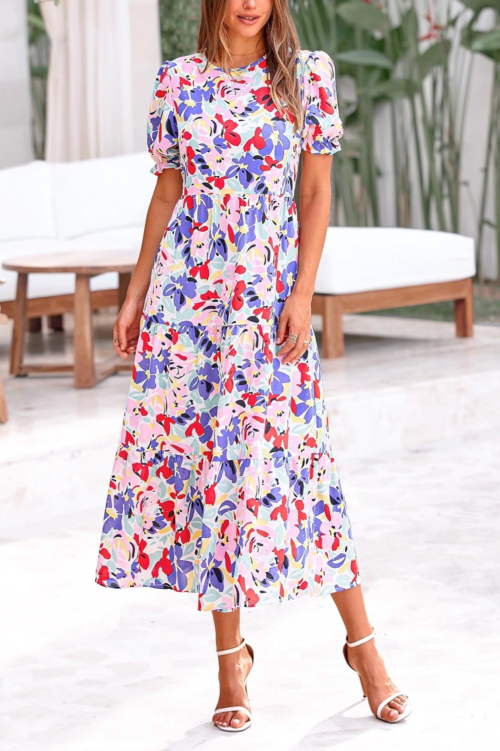 image:imagePRETTYGARDEN Summer Dresses for Women 2026 Casual Floral Boho Midi Sun Dress Puff Short Sleeve Flowy Beach Vacation SundressPrint Multicolored