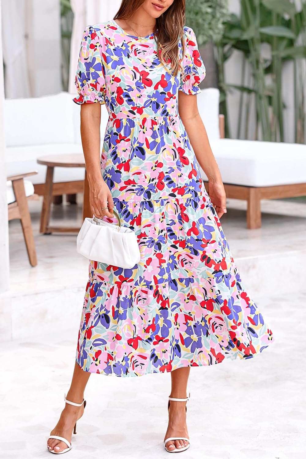 image:imagePRETTYGARDEN Summer Dresses for Women 2026 Casual Floral Boho Midi Sun Dress Puff Short Sleeve Flowy Beach Vacation SundressPrint Multicolored