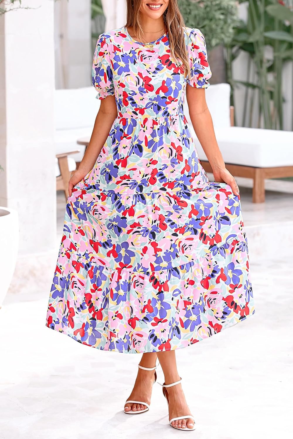 image:imagePRETTYGARDEN Summer Dresses for Women 2026 Casual Floral Boho Midi Sun Dress Puff Short Sleeve Flowy Beach Vacation SundressPrint Multicolored