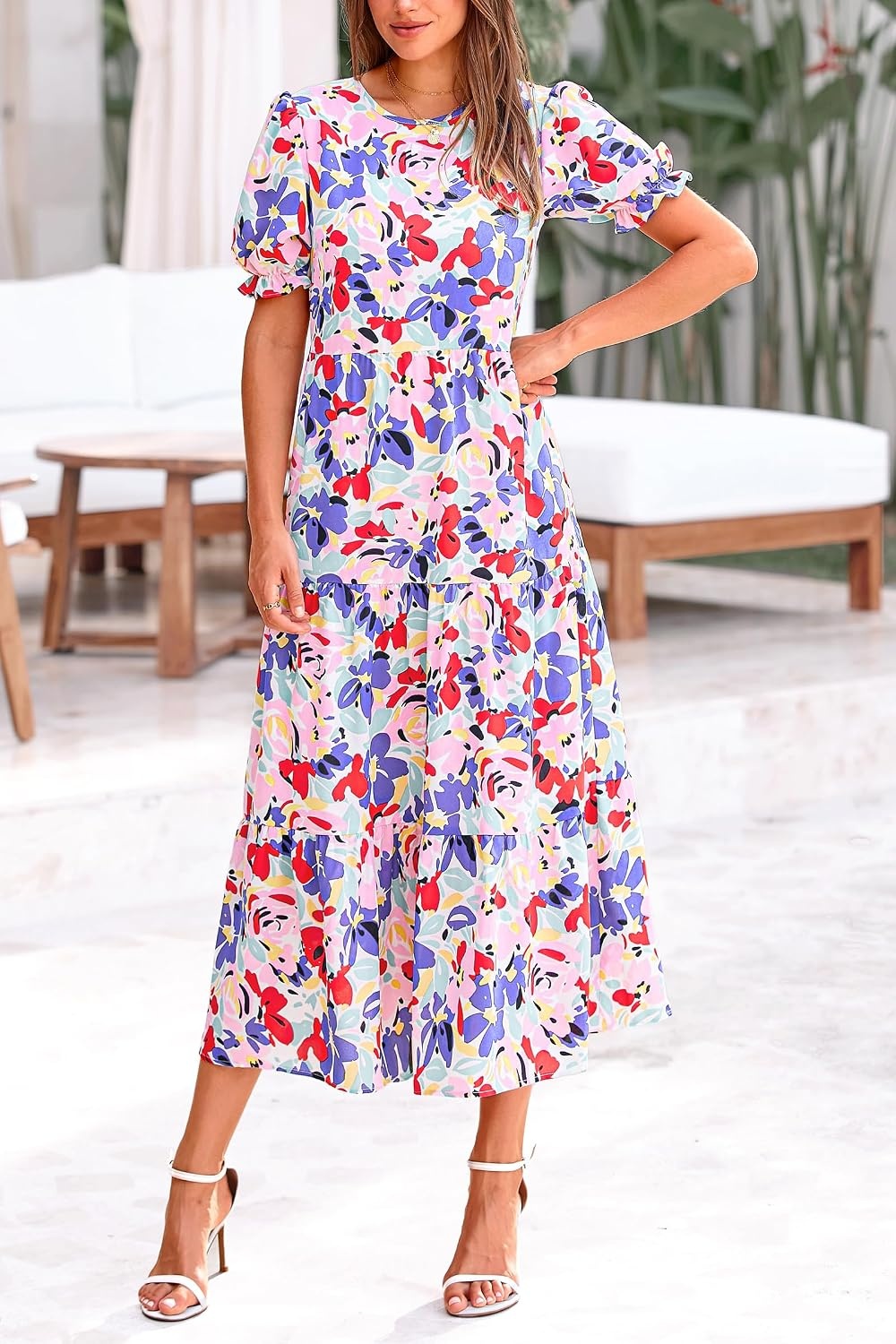 image:imagePRETTYGARDEN Summer Dresses for Women 2026 Casual Floral Boho Midi Sun Dress Puff Short Sleeve Flowy Beach Vacation SundressPrint Multicolored
