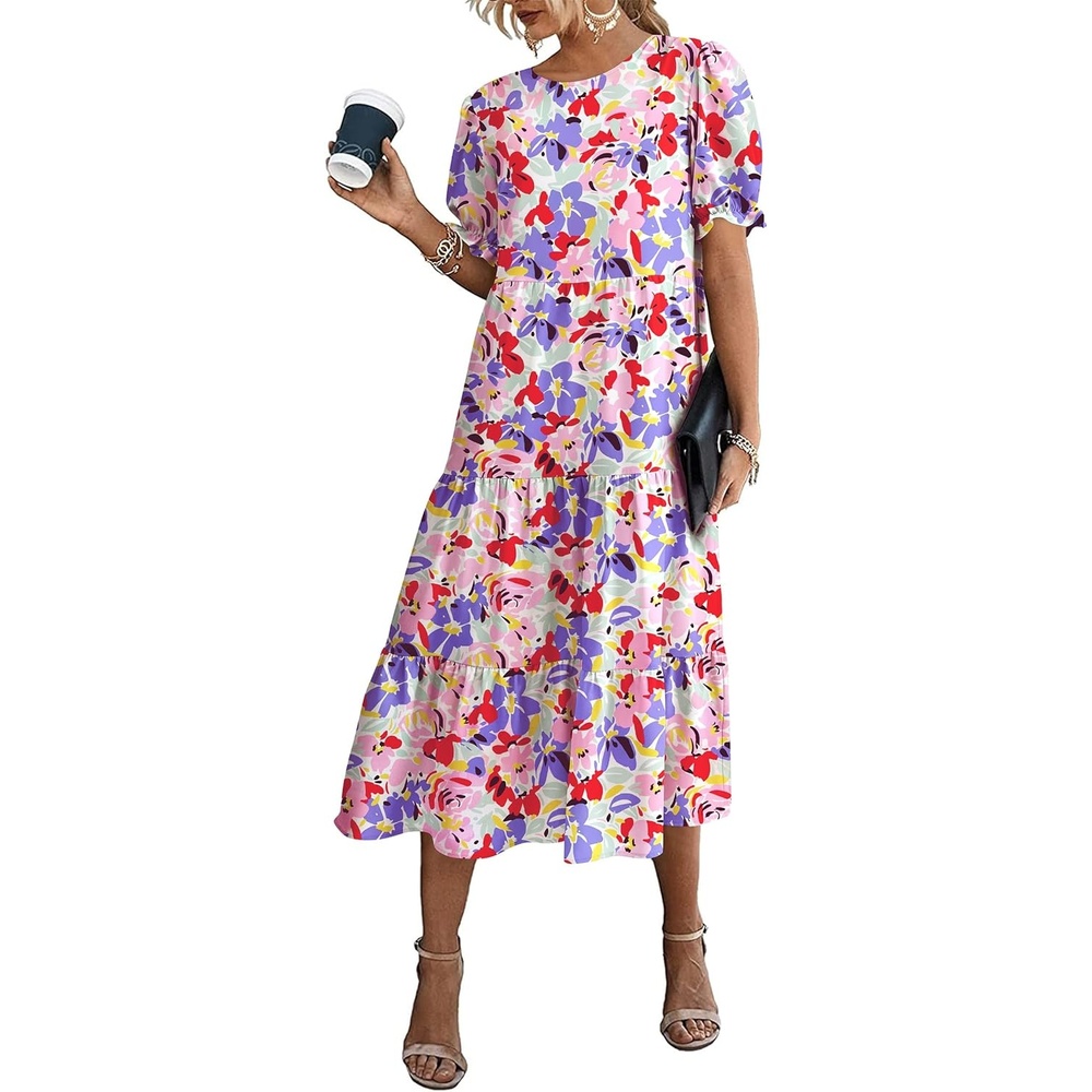 image:imagePRETTYGARDEN Summer Dresses for Women 2026 Casual Floral Boho Midi Sun Dress Puff Short Sleeve Flowy Beach Vacation SundressPrint Multicolored
