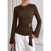 image:imagePRETTYGARDEN Long Sleeve Shirts for Women Asymmetricall Tops  Dressy Casual Blouses Slim Fit Waist Tie Ruched Top Soft Stretchy Going Out Work Office Outfit 2026 Fall Fashion ClothesBrown