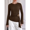 image:imagePRETTYGARDEN Long Sleeve Shirts for Women Asymmetricall Tops  Dressy Casual Blouses Slim Fit Waist Tie Ruched Top Soft Stretchy Going Out Work Office Outfit 2026 Fall Fashion ClothesBrown