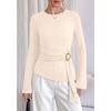 image:imagePRETTYGARDEN Long Sleeve Shirts for Women Asymmetricall Tops  Dressy Casual Blouses Slim Fit Waist Tie Ruched Top Soft Stretchy Going Out Work Office Outfit 2026 Fall Fashion ClothesBeige