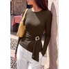 image:imagePRETTYGARDEN Long Sleeve Shirts for Women Asymmetricall Tops  Dressy Casual Blouses Slim Fit Waist Tie Ruched Top Soft Stretchy Going Out Work Office Outfit 2026 Fall Fashion ClothesBrown
