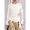 image:imagePRETTYGARDEN Long Sleeve Shirts for Women Asymmetricall Tops  Dressy Casual Blouses Slim Fit Waist Tie Ruched Top Soft Stretchy Going Out Work Office Outfit 2026 Fall Fashion ClothesWhite