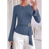 image:imagePRETTYGARDEN Long Sleeve Shirts for Women Asymmetricall Tops  Dressy Casual Blouses Slim Fit Waist Tie Ruched Top Soft Stretchy Going Out Work Office Outfit 2026 Fall Fashion ClothesGrey Blue
