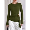 image:imagePRETTYGARDEN Long Sleeve Shirts for Women Asymmetricall Tops  Dressy Casual Blouses Slim Fit Waist Tie Ruched Top Soft Stretchy Going Out Work Office Outfit 2026 Fall Fashion ClothesArmy Green