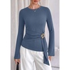 image:imagePRETTYGARDEN Long Sleeve Shirts for Women Asymmetricall Tops  Dressy Casual Blouses Slim Fit Waist Tie Ruched Top Soft Stretchy Going Out Work Office Outfit 2026 Fall Fashion ClothesGrey Blue