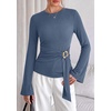 image:imagePRETTYGARDEN Long Sleeve Shirts for Women Asymmetricall Tops  Dressy Casual Blouses Slim Fit Waist Tie Ruched Top Soft Stretchy Going Out Work Office Outfit 2026 Fall Fashion ClothesGrey Blue