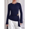 image:imagePRETTYGARDEN Long Sleeve Shirts for Women Asymmetricall Tops  Dressy Casual Blouses Slim Fit Waist Tie Ruched Top Soft Stretchy Going Out Work Office Outfit 2026 Fall Fashion ClothesNavy Blue